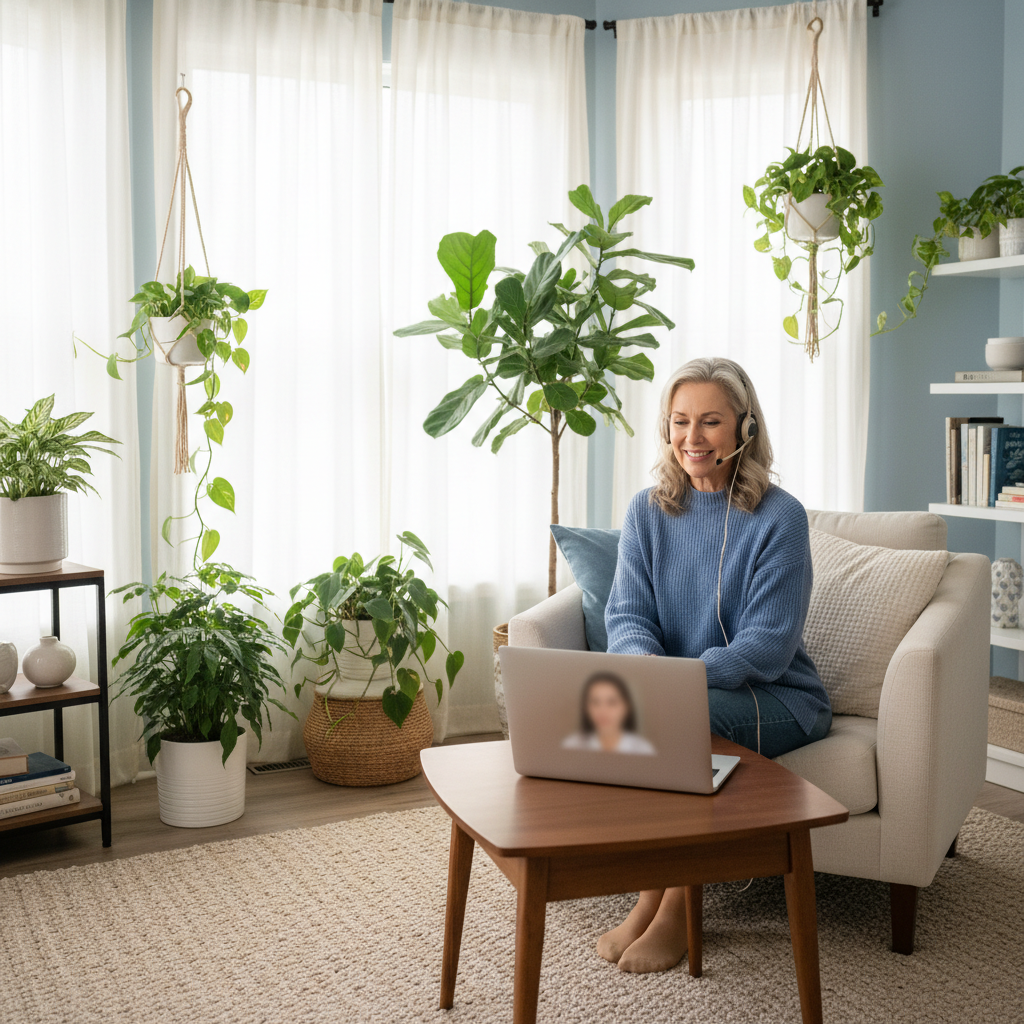 Femme participant à une consultation vidéo en ligne depuis chez elle